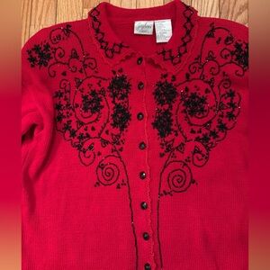 VTG Red Embroidered beaded Women's collared Sweater shoulder pads
